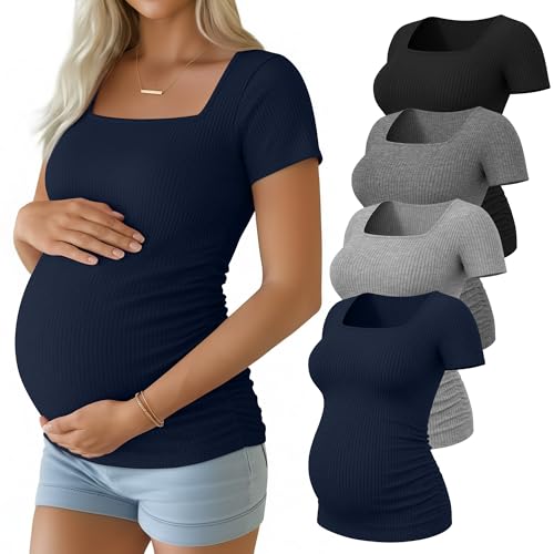 Huukeay 4 Pack Women's Short Sleeve Maternity Shirts - color: Black, Dark Gray, Heather Gray, Navy Blue, size: XX-Large
