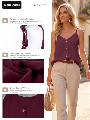 BLENCOT Womens Summer Spaghetti Strap Tank Tops Button Casual Camisoles - color: Wine, size: Medium