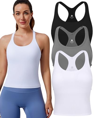 Women's Workout Tank Tops, with Built in Bra Racerback Seamless Crop Tops - color: Black White Gray 3 Pack, size: Large