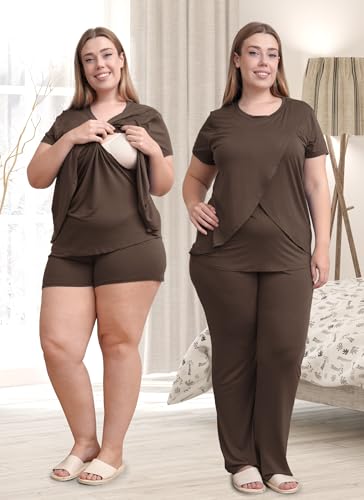 Rnxrbb 3 Piece Postpartum Nursing Pajamas Set Maternity Breastfeeding Pjs - color: 1-coffee Brown, size: Large