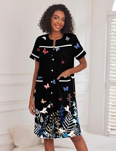 Ekouaer House Dress for Women with Pockets Duster Button Down Nightgown - color: Black Butterfly, size: XX-Large