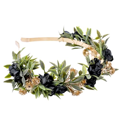 Black Flower Crown Headband, Fairy Dark Floral Headpiece - color: Black