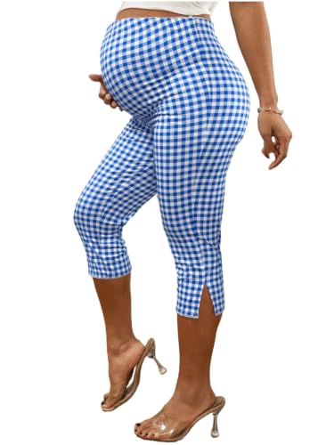 MakeMeChic Women's Maternity Capri Pants Plaid High Waist Workout Leggings - color: Blue and White, size: XX-Large