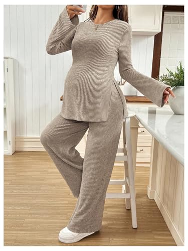 Milumia Women's Maternity Two Piece Outfits Long Sleeve Top and Pants Sets - color: Apricot, size: X-Large