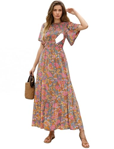 CzzzyL Womens Nursing Dress Summer Floral Print Smocked Maxi with Pockets - color: Greyblue, size: Small