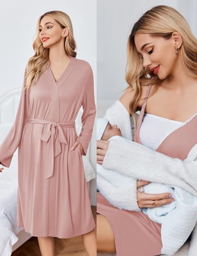 Ekouaer Nursing Nightgown and Maternity Robe Set Labor and Delivery Gown - color: Pink, size: Small