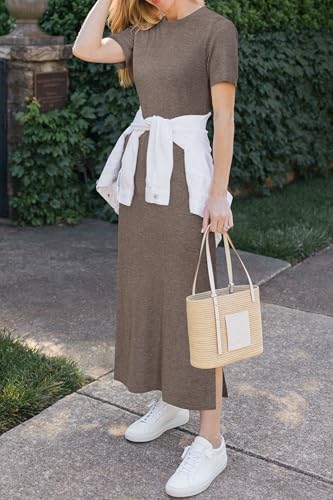 Arach&Cloz Women's Wool Blend Fall Business Casual T Shirts Maxi Dress - color: Coffee, size: Medium