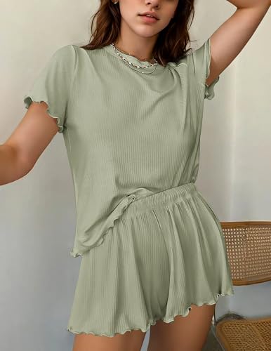 Ekouaer Womens Pajamas 2 Piece Ribbed Knit Pjs Short Sleeve Lounge Sets - color: Green, size: Large