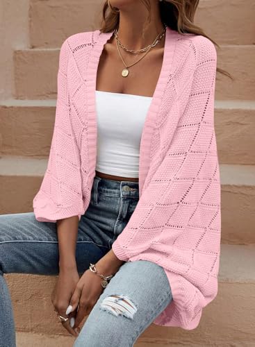 Sidefeel Women's Crochet Oversized Cardigan Sweaters Spring Hollow Out Long Batwing Sleeve Summer Shrugs Lightweight Sweater - color: Pink, size: Small