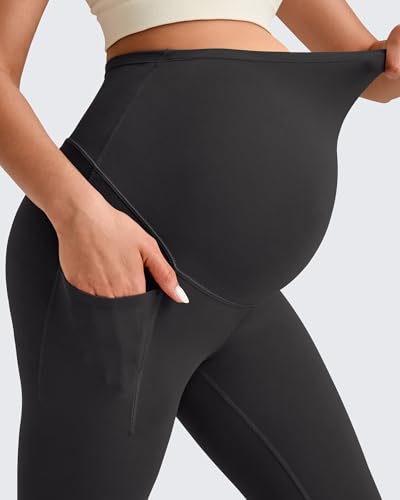 G4Free BareFeel Maternity Leggings with Pockets Over The Belly Stretchy Workout Yoga Pregnancy Pants - color: Black, size: Medium