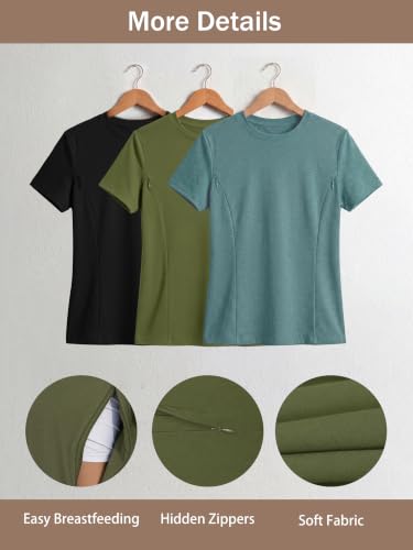 Ecavus 3 Pack Nursing Shirts for Breastfeeding, Hidden Zippers Nursing Tops - color: Heather Blue/Heather Green/Black, size: Large
