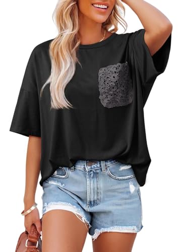 Dokotoo Womens Tops Summer 2026 Oversized T Shirts Lace Pockets - color: Black, size: XX-Large