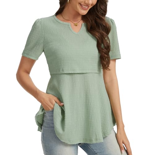 Bearsland Women's Nursing Top Short Sleeve V-Neck Breastfeeding Shirts 3-Pack - color: Iron Gray & Beige & Light Green, size: XX-Large
