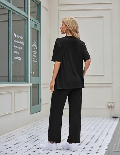 Ekouaer Women's Lounge Sets Short Sleeve Top Long Pants 2 Piece Outfit Set - color: Black&champagne, size: Small