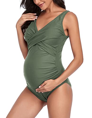 SUMMERSUNSHINE Maternity One Piece Swimwear Front Cross Pregnancy Swimsuit Bathing Suit Maternity Bikini - color: Army Green, size: Medium
