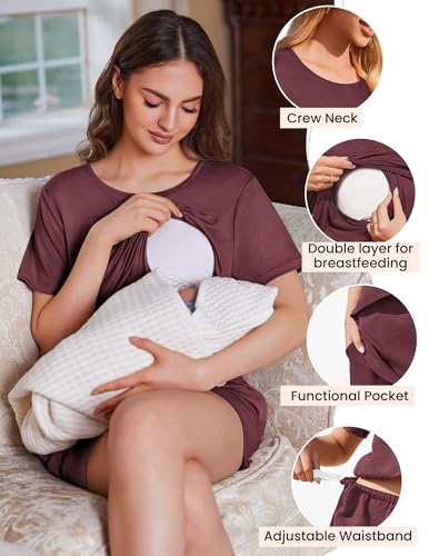 Ekouaer 2 Pack Nursing Pajamas Set Postpartum Outfits for Women - color: Black/Dark Red, size: X-Large