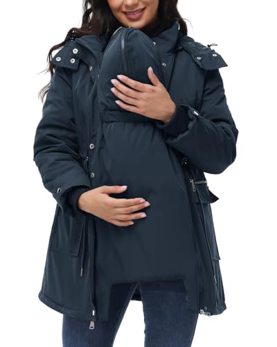 Maacie Maternity 3 in 1 Winter Coat Thicken Quilted Outwear with Pockets - color: Navy Blue, size: X-Large