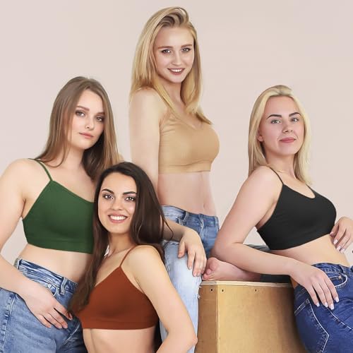 KCDDUMK 4 Pack Cami Bralettes for Women, Spaghetti Strap Sleep Bras - color: Black, Caramel, Green, Nude, size: Large