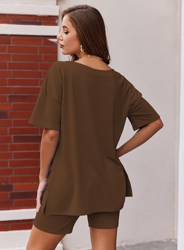 Ekouaer Womens 2 Piece Lounge Set Oversized V Neck Top Biker Short Pajamas - color: Brown, size: X-Large