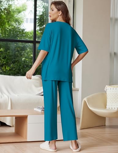 Ekouaer Lounge Sets for Women Soft Comfy Pajama Set 2 Piece Outfits - color: Blue Green, size: Large