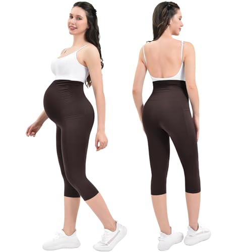 Ipletix Maternity Capris Leggings with Pockets Pregnancy Yoga Pants - color: Dark Brown, size: X-Large