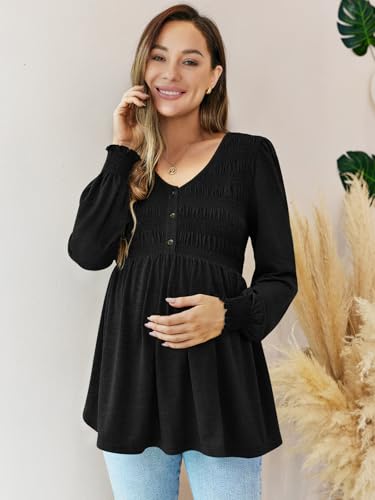 FMEYOA Maternity Tops V Neck Puff Sleeve Smocked Button Maternity Shirts - color: Black, size: Large