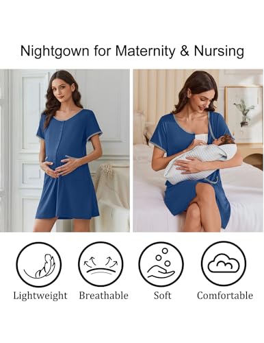 Ekouaer Nightgowns for Women Bamboo Viscose Button Sleep Shirt with Pockets - color: Navy, size: Small