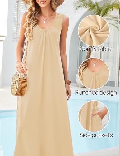 MEROKEETY Women's Summer Boho Sleeveless Ruched Maxi Dress - color: Apricot, size: Large