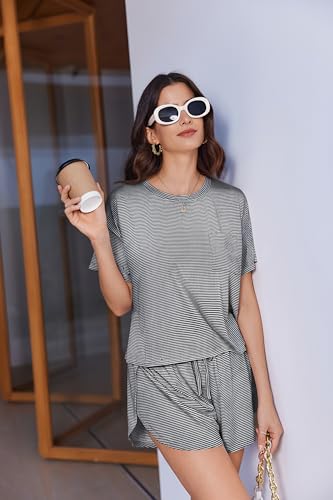 Ekouaer Womens Pajama Sets Sexy Lounge Sets Side Split Short Pj Sets - color: Black and White Stripes, size: Medium