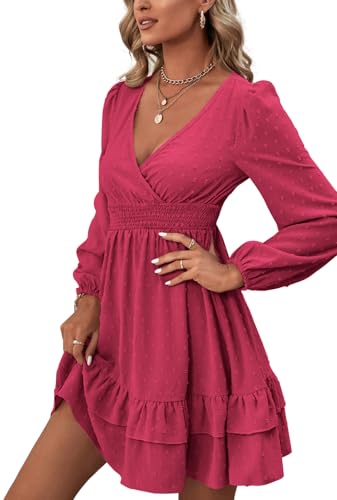 Rooscier Women's Wrap V Neck Swing Ruffle Swiss Dots Long Sleeve Mini Dress - color: Rose, size: X-Small