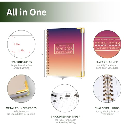 Monthly Calendar Planner 2026-2028, 3 Years Organizer, 9" x 11" - color: Sunset( Jan 2026 - Dec 2028)