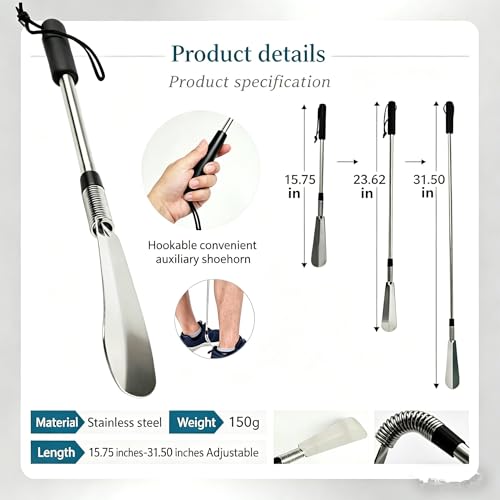 Telescopic Shoe Horn Long Handle 16" to 31" Metal Adjustable Length,Shoe Helper Tool For Seniors Adults Kids