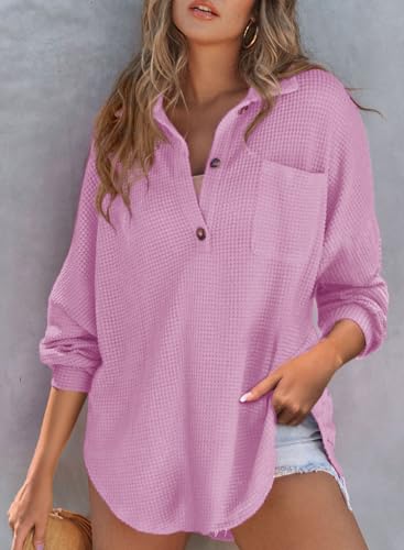 Astylish Women Waffle Knit Tops Henley Shirts - color: Y Phalaenopsis, size: XX-Large