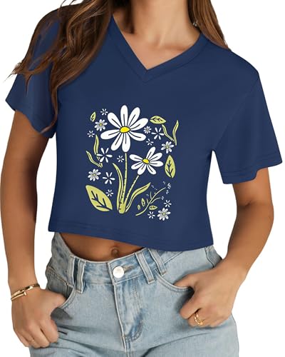 Womens Crop Tops Short Sleeve V Neck Summer Cropped T Shirts Baisc Tees - color: Dark Blue Daisy, size: Small