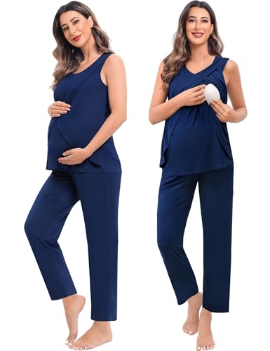 SWOMOG Maternity Nursing Robe Set 3 PCS Postpartum Breastfeeding Pajamas Hospital Pregnancy Pjs Double Layer Lounge Set - color: Navy Blue, size: Medium