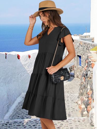 ANRABESS Womens Summer Dress Ruffle Sleeve V Neck Midi Dresses - color: Black, size: X-Large