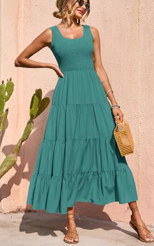 PRETTYGARDEN Women's Smocked Tank Casual Plain Maxi Sundress with Pockets - color: Bean Green, size: Medium