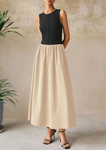 PRETTYGARDEN Pleated Maxi Dresses for Women with Pockets - color: Beige Black, size: Large