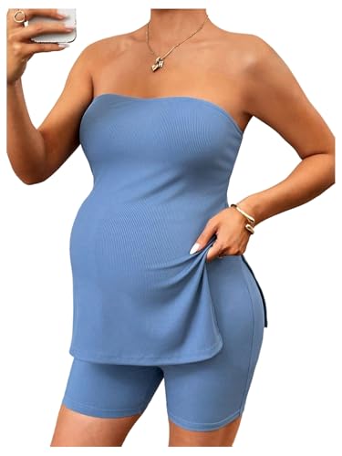 Milumia Women's Maternity 2 Piece Outfit Strapless Tube Top Shorts Sets - size: Large