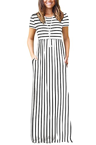 EUOVMY Women's Short Sleeve Loose Plain Maxi Dresses Casual Vacation Long Dresses with Pockets - color: 1-white Striped, size: Small