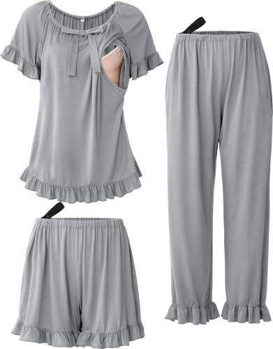 SUNNYBUY 3 PCS Ruffle Nursing Pajamas Set with Bow, Maternity Sleepwear - color: Gray, size: Medium