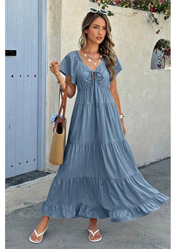 ECOWISH Womens Summer Maxi Dress 2026 Flutter Short Sleeve V Neck Tie Front Wedding Guest Vacation Tiered Flowy Dresses - color: Grey Blue, size: Medium