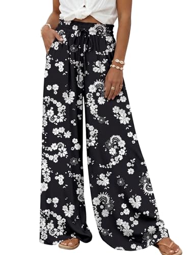 LILLUSORY Womens Wide Leg Palazzo Pants with Pockets High Waist Flowy - color: Black Flower, size: Medium