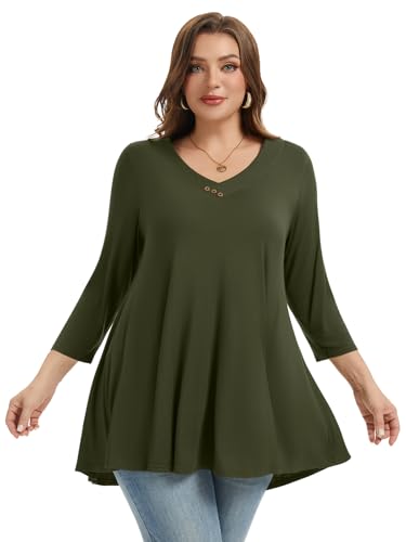 LARACE Plus Size Tunic Womens 3/4 Sleeve Tops V Neck Swing Loose Blouses - color: Army Green, size: Large