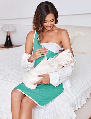 Labor and Delivery Gown Maternity Dress Breastfeeding Nursing Nightgown - color: Cyan, size: Medium