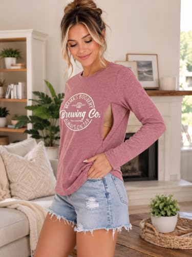 Womens Nursing Breastfeeding Shirt Long Sleeve Hidden Zipper Postpartum Top - color: D-pink, size: Medium