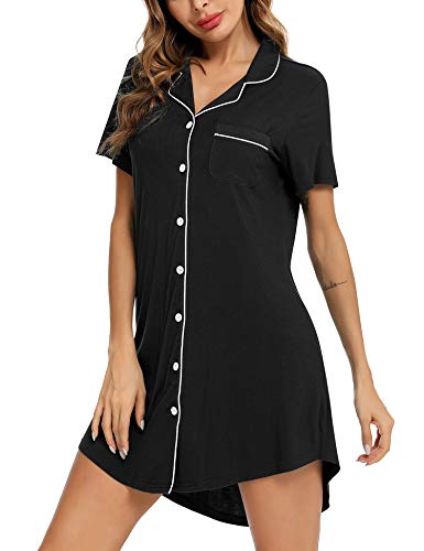 Senert Nightgowns for Women Button Down Sleeve Sleep Shirt Night Gowns - color: Black, size: Large