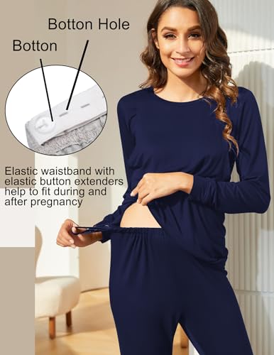 Ekouaer Nursing Pajamas Set Long Sleeve Maternity Clothes Thermal Underwear - color: Navy Blue, size: Large