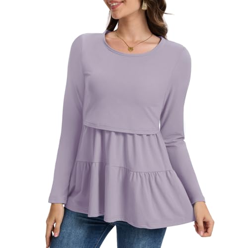 Bearsland Long Sleeve Nursing Top - color: Iron Gray & Pastel Purple & Purple Floral, size: Large