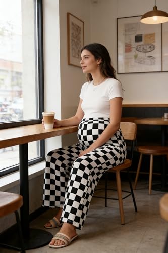 BLENCOT Womens Casual Checkered Pants for Maternity Elastic Waist Wide Leg Pants Grid Pregnant Trousers with Pockets - color: Black White, size: Large